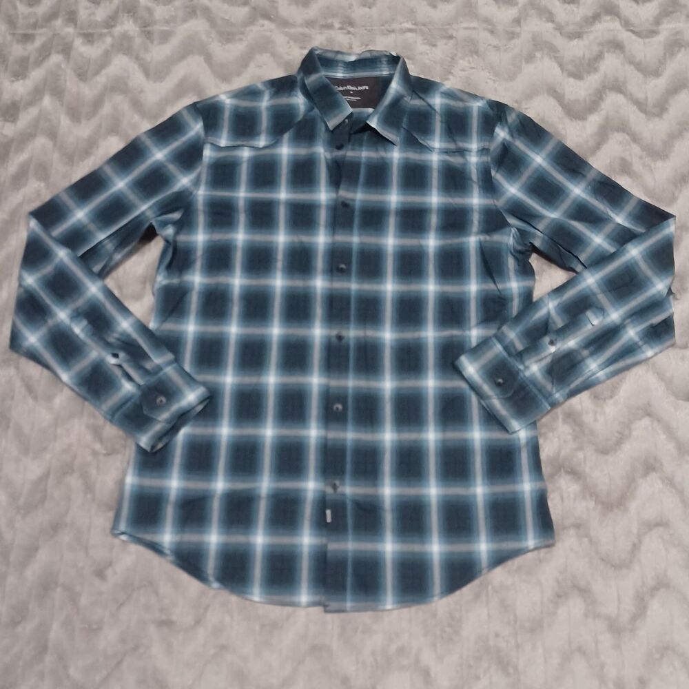 Calvin Klein Mens Size M Blue Plaid Long Sleeve Button Up Shirt